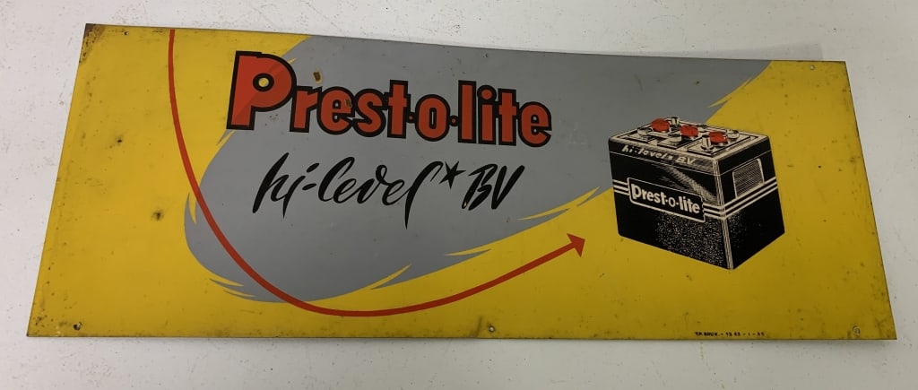 Presto-lite hi-level BV battery metal sign: 9 3/4" x 26 1/4" has scratches , dings and some rust