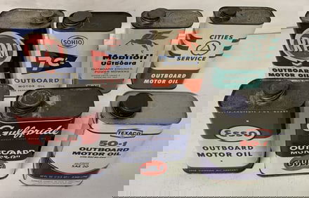 7 Outboard Motor Oil cans; 5 full, 2 partially ful