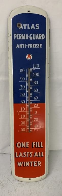 Atlas Perma-Guard Anti-Freeze thermometer: 36" x 8 1/8"; has wear with scratches and paint, also has bullet hole