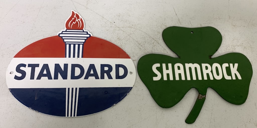 Shamrock and Standard porcelain signs: reproduction porcelain signs with chips, rust and wear as shown