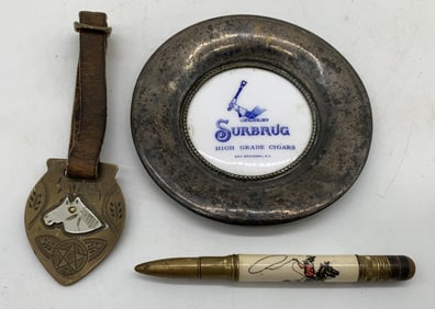 (3) Surbrug Cigar Tray, Watch Fob, Bullet Pencil