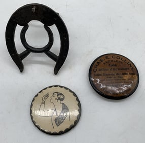 3 Compact Mirror, Saddlery Ad. Horseshoe Stand