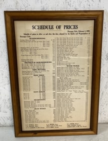 Framed Schedule of Prices Feb 1,1909