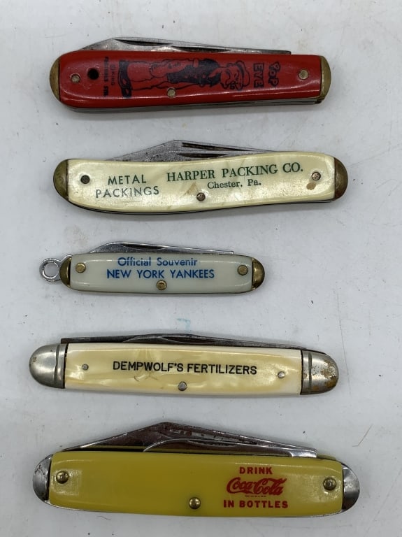 5 advertising pocket knives: show wear and some rust; Popeye knife has name stamped in handle
