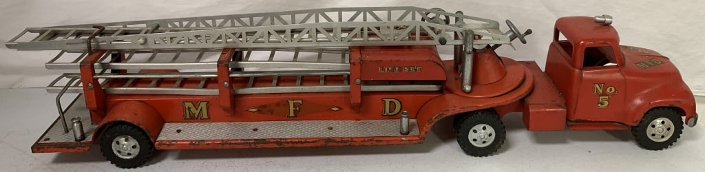 Tonka MFD Aerial Ladder Truck: shows wear with scratches, paint loss, dings and rust