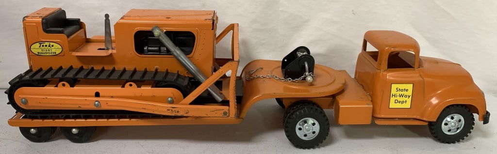 Tonka State Hi-Way Dept. LowBoy w/Giant Dozer: has wear with scratches and paint loss; missing exhaust on dozer