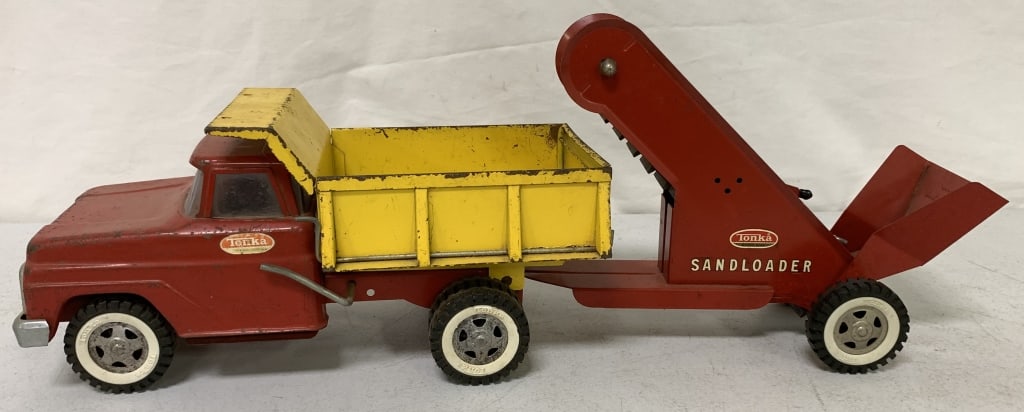 Tonka Dump Truck and Sand Loader: has scratches, paint loss and rust; wear to stickers