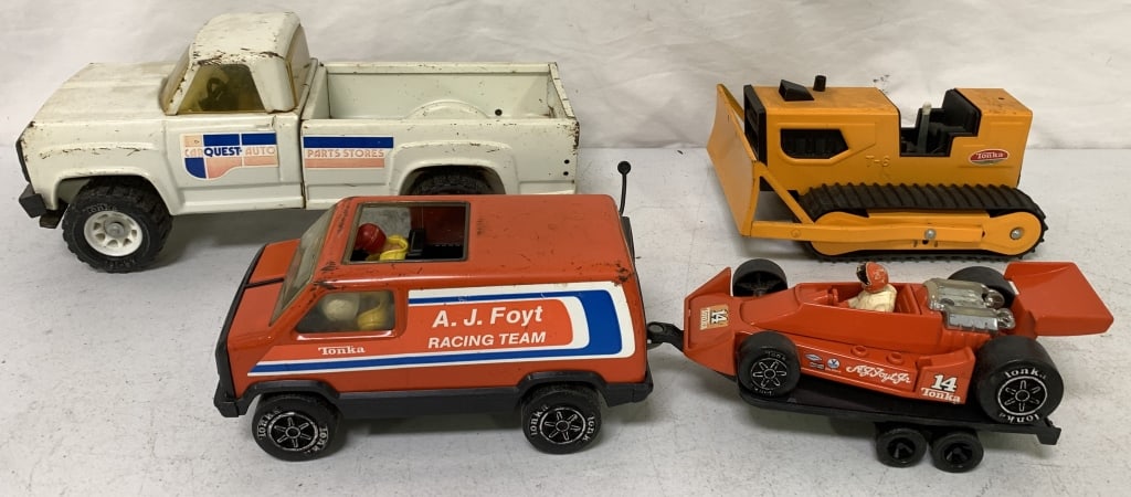 Tonka A.J.Foyt Racing, Car Quest Truck & Dozer: have scratches, paint loss, rust, damage, fading