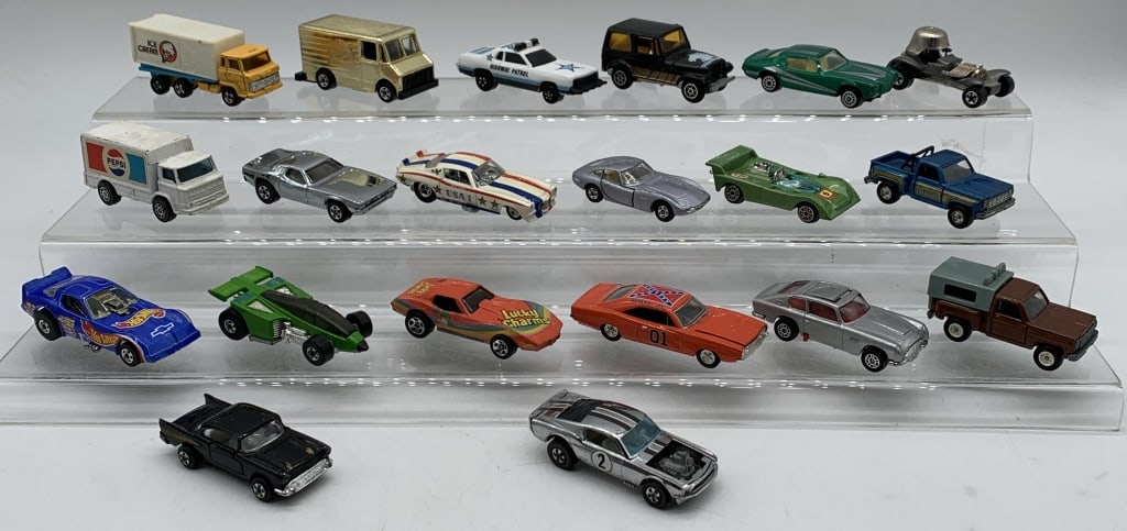 20 Corgi, Hot Wheels, Corgi, Kidco Cars others: Tomica, Racing Champions, one Hot Wheels is Mustang Boss red line 1969 Hong Kong, ice cream truck has some damage, most in good conditions