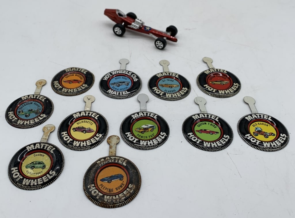 12 pcs-Original Hot Wheels Badges & Zee Car: all badges except one have the original tab, some have rust on the back, others tarnish