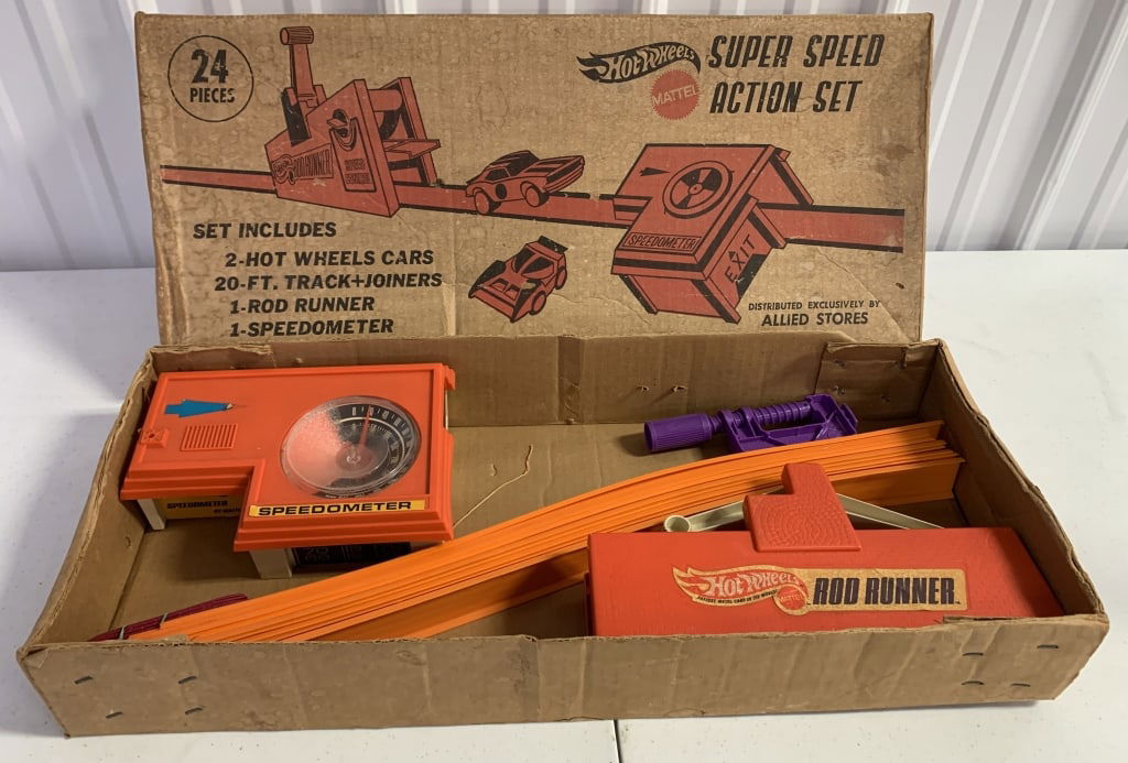 Hot Wheels Super Speed Action Set: distributed by Allied Stores, in original box, may or may not be complete, has none to very little use, box has some age and wear