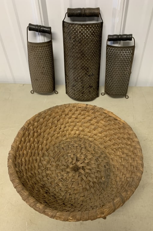 Woven Basket,3-Graters,different sizes: basket has tear on edge,graters some rust