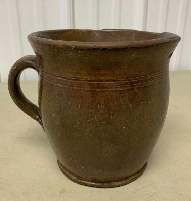 Redware Gallon Pitcher with Handle: bottom,top chipped,handle Chipped? Glaze stained inside