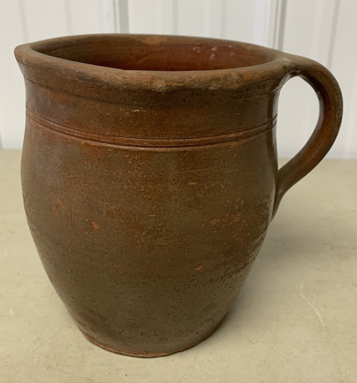 Redware Gallon Pitcher with Handle: many chips around overall,inside stained