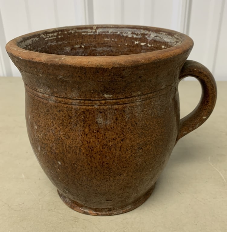 Redware Gallon Pitcher with Handle: glaze inside and out badly damaged,chips overall