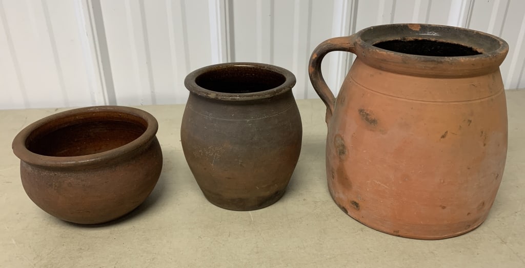 3 Redware Crocks,1 w/Handle: Handled one 3 stamped on bottom,,chips around top,medium crock has chips around top,see photos