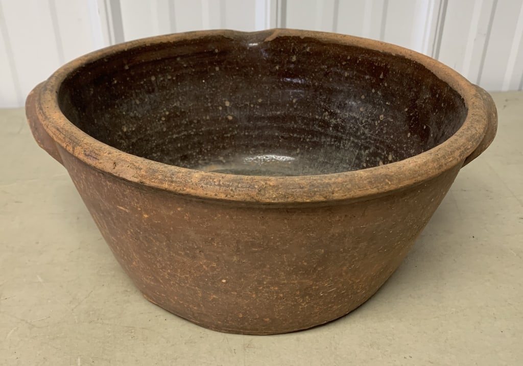 Redware Large Crock with Handles: glazing peeling on outside,chipped inside,1 handle,top edge chipped