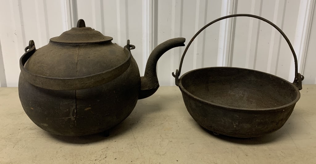 cast iron teapot and pot: show wear w/ rust; pot has pitting
