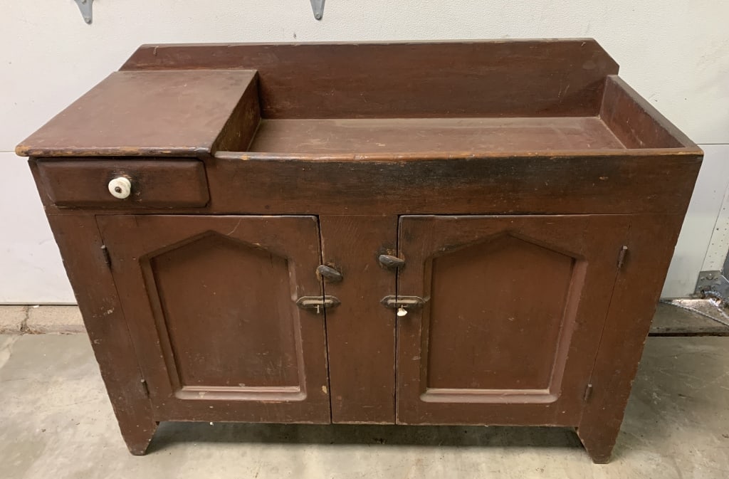 painted dry sink: 47" long x 35" tall x 17 1/2" deep; has wear, scratches, paint loss, discoloration, staining, damaged latches