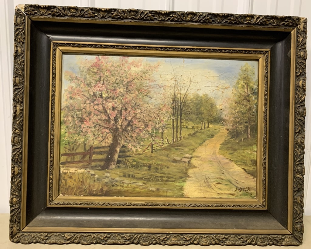 Lightner 1907 oil on canvas spring time painting: damage to painting as shown; frame has wear and damage