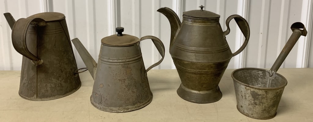 tin coffee pots, tea pot and ladle (1 of 6)