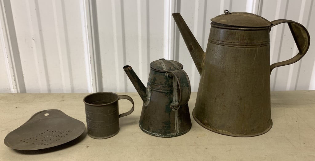 tin coffee pots, measuring cup and skimmer (1 of 7)