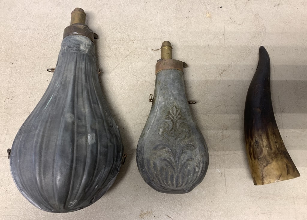 two metal powder flasks and a horn (1 of 4)