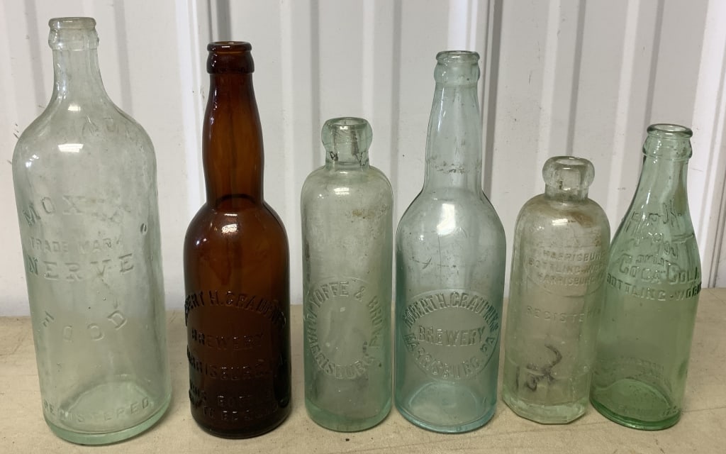 Moxie and 5 Harrisburg, PA bottles: Graupner, Coca-Cola, Yoffe & Bro. , Harrisburg Bottling; have scratches and wear