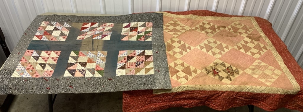 2 crib quilts: 46" x 46" and 39" x 30"; have staining, fading and damage as shown