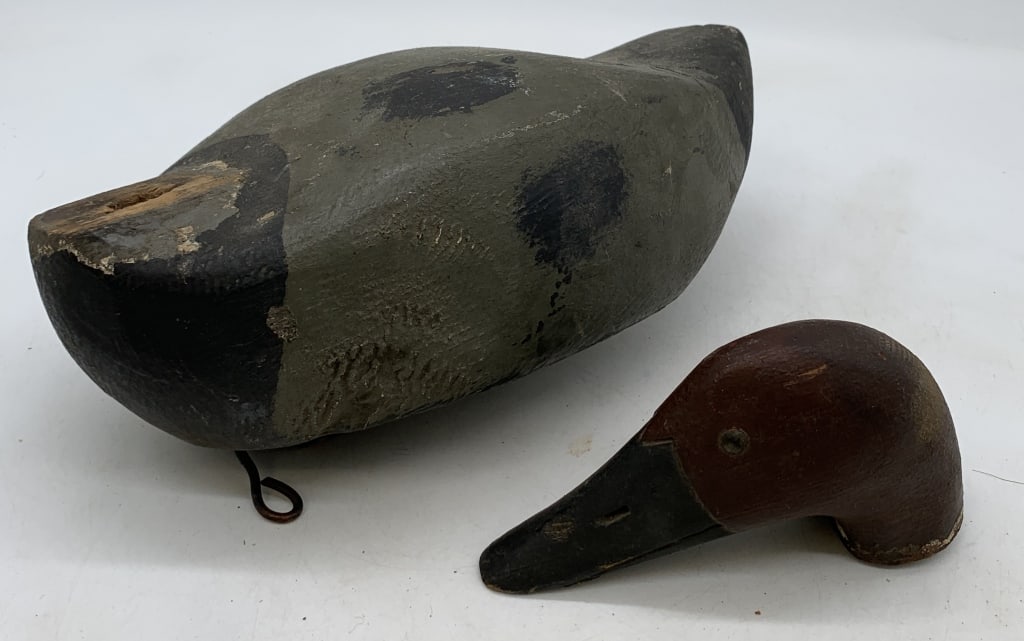 wooden duck decoy: has wear and some damage including pin being snapped off that holds head to body