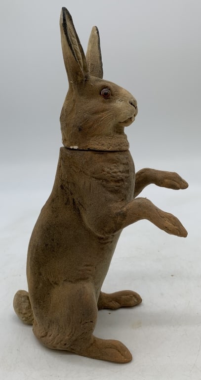rabbit on hind legs candy container: has wear; the right leg and ear have both been glued back on,
