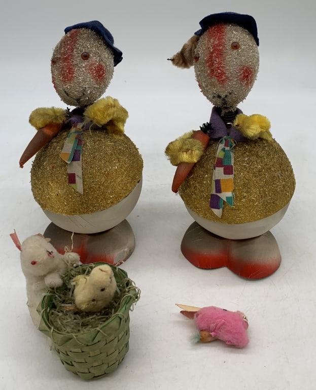 Easter candy containers and decorations: containers are Western Germany and have wear and damage; other two decorations also have wear and have Japan paper labels