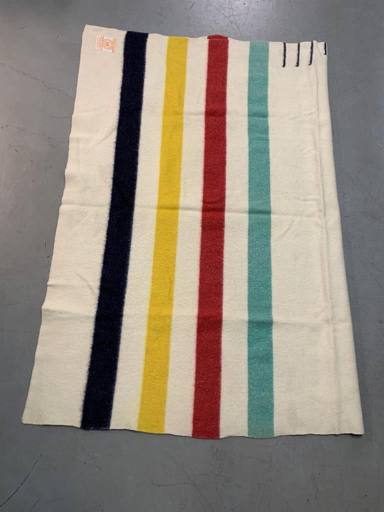 Hudson's Baypoint Blanket: 59" x 79", has wear, small stains; 100% wool