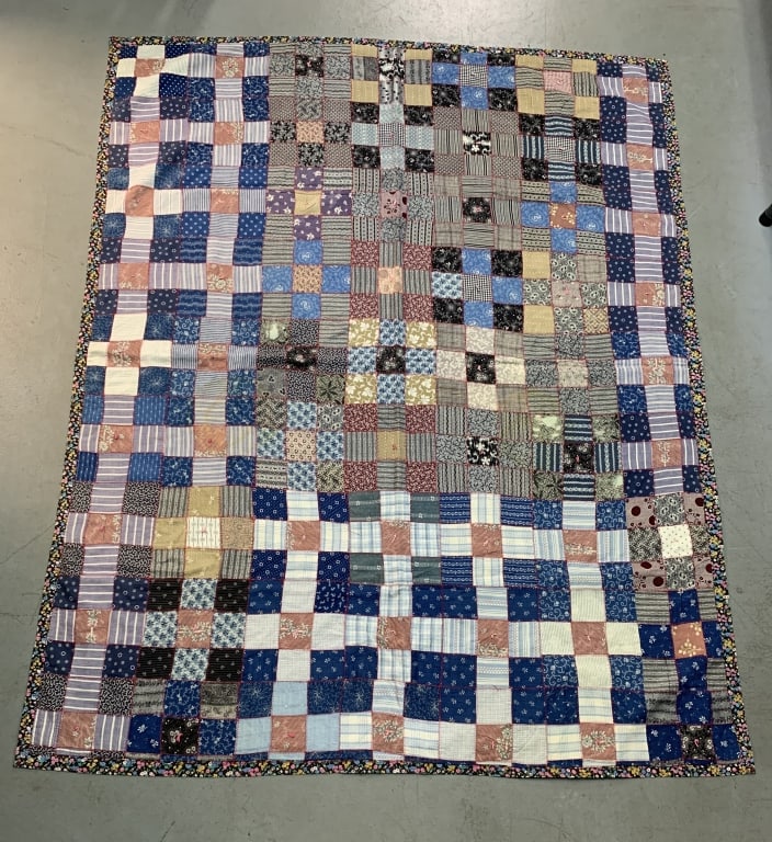patchwork quilt: 53" x 64", has some wear, spot of damage and staining as shown