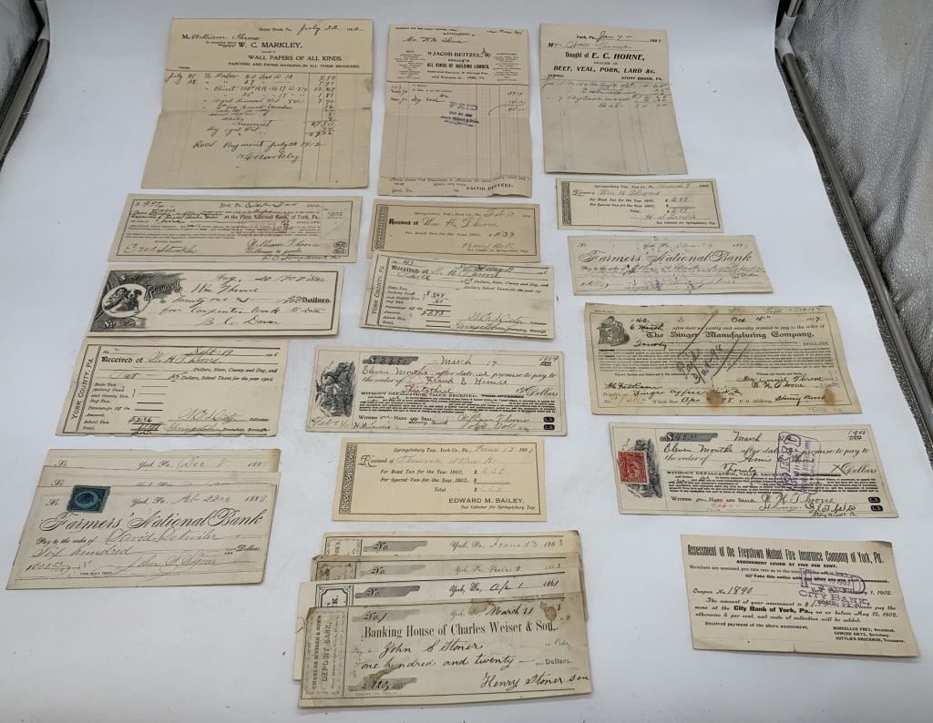 2 Bags Farmers Natl Bank,E.C.Horne,Receipts: stains
