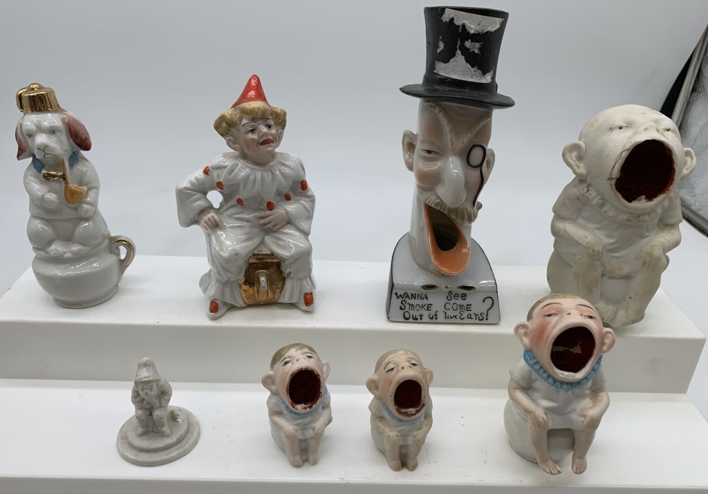 8 Porcelain Potty People,Ashtrays: 8640 stamped,hat chipped on man,paint chipped
