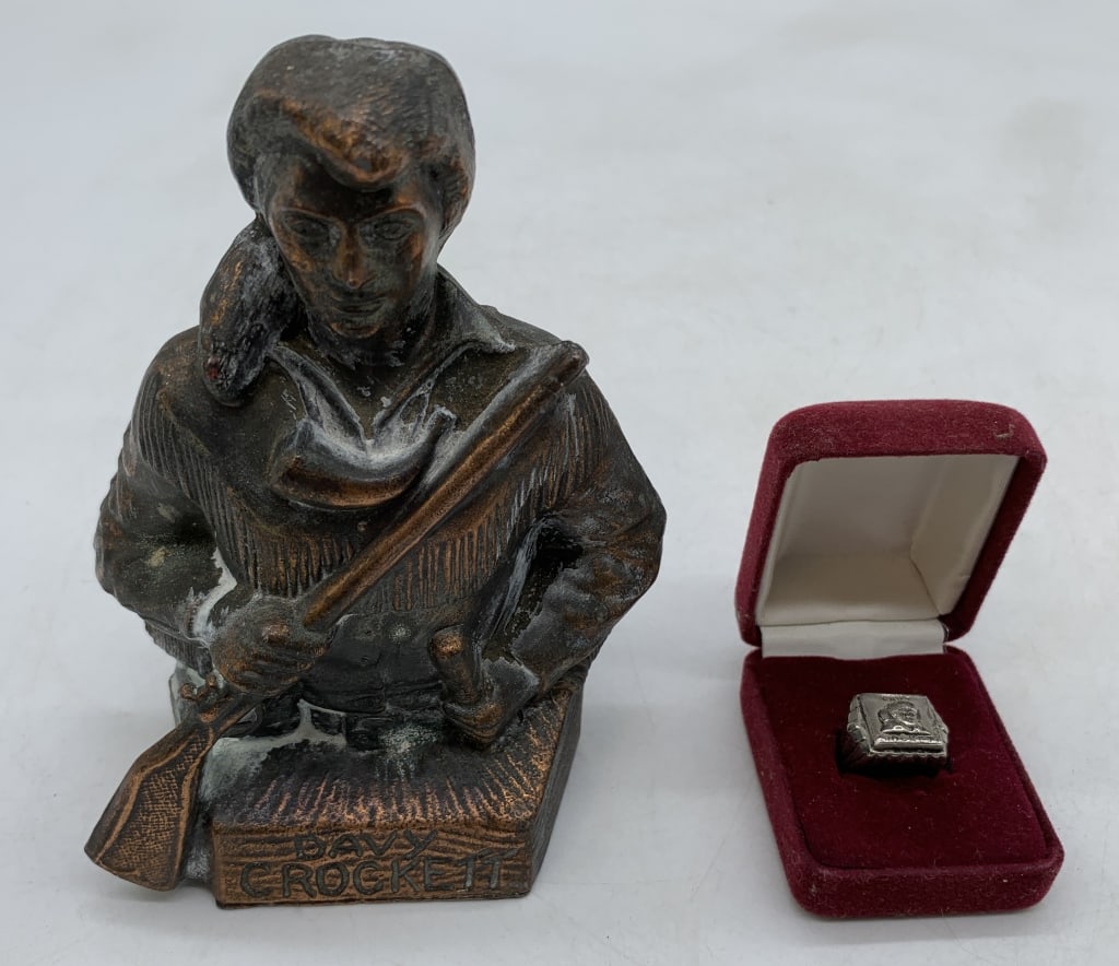 2 Davy Crockett pcs,Bank,Ring in Case: bank tarnished,lid on bottom missing