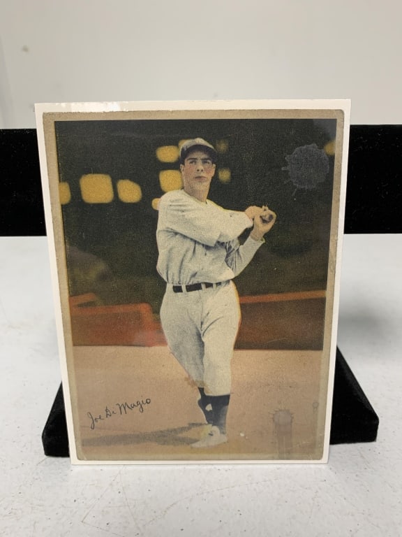 1936 R312 National Chicle Pastel Joe DiMaggio: has some spots, a crease and discoloration; is shrink-wrapped against backer board