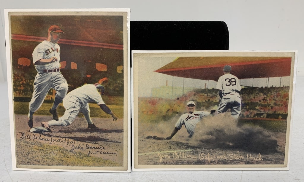 2 1936 R312 National Chicle Pastels: Jim Collins(Safe) and Stan Hack & Bill (St. Louis) out at first "Zeke" Bonura first Baseman; slightly off center with edge discoloration; are shrink-wrapped against backer board