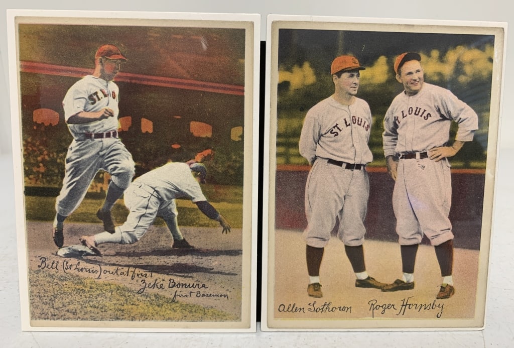 2 1936 R312 National Chicle Pastels: Allen Sothoron/Roger Hornsby and Bill(St. Louis) out at first "Zeke" Bonura first Baseman; some discoloration around edges; are shrink-wrapped against backer board; Bonura off center