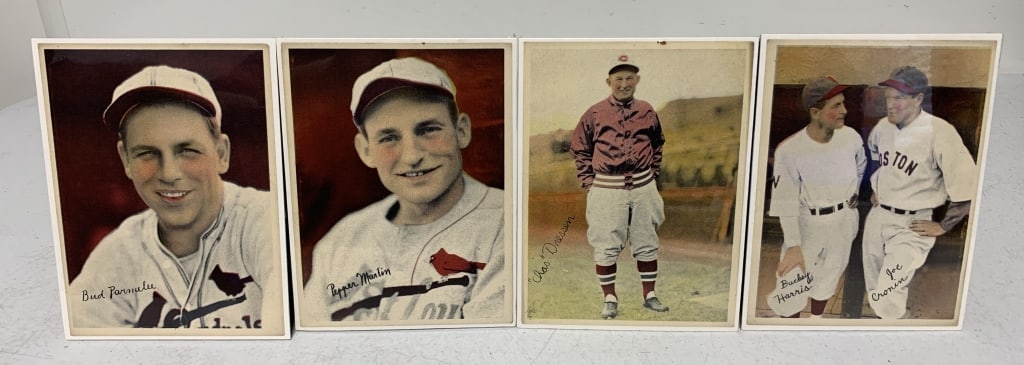 4 1936 R312 National Chicle Pastels: Bud Parmelee; Pepper Martin; "Chas" Dressen; Buckey Harris/Joe Cronin; have edge discoloration and Dressen has spot on top edge; are shrink-wrapped against backer boards