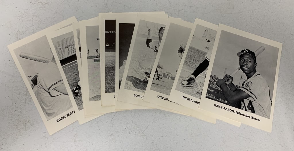 12 Jay Publishing Milwaukee Braves photos: includes Hank Aaron; some soiling, light creases and light water damage to some cards as shown