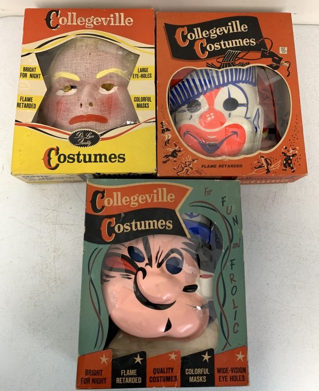 3 Halloween costumes in boxes: boxes have wear and damage, plastic masks are cracked and outfits are stained and soiled; wrong mask with Skipper set