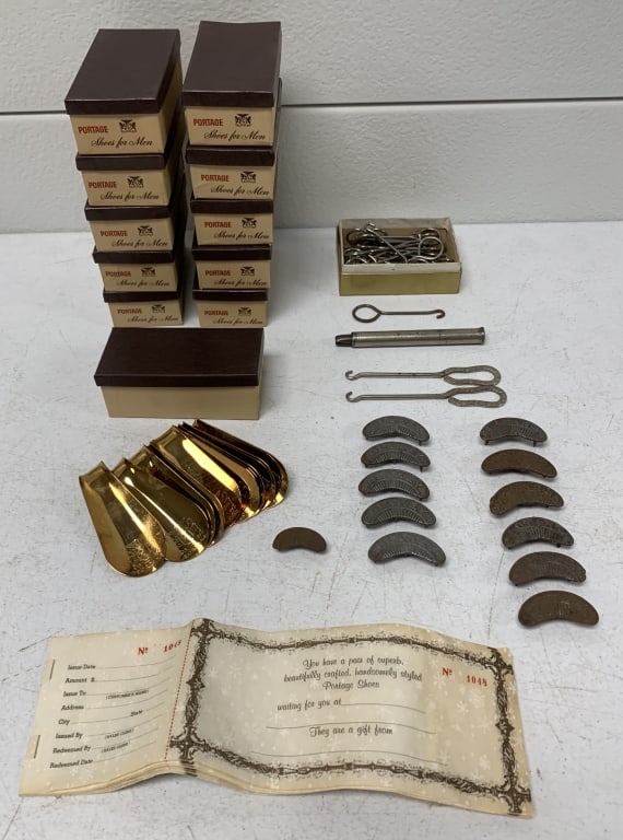 Lot Portage Gold Shoe Horns,Shoe Hooks,Cleats: Star and Blakey Shoe Cleats,lot of empty shoe horn boxes and certificates