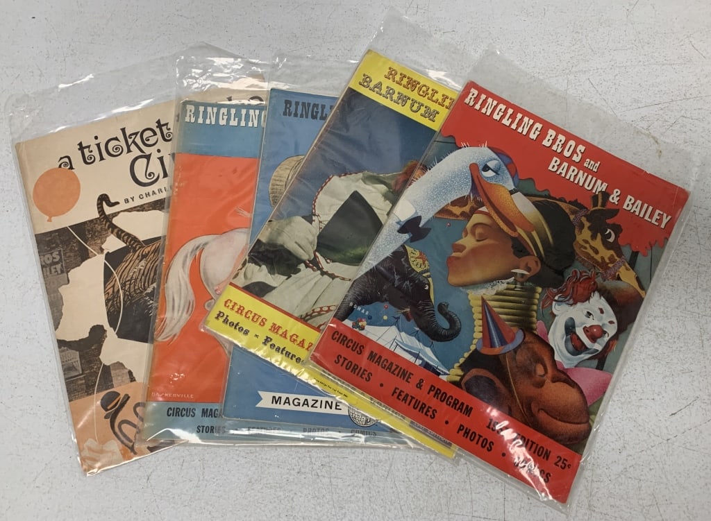 4 Ringling Brothers programs, tickets and flyer: programs have wear with some staining, tears, etc.; flyer has been taped preventing pages from unfolding