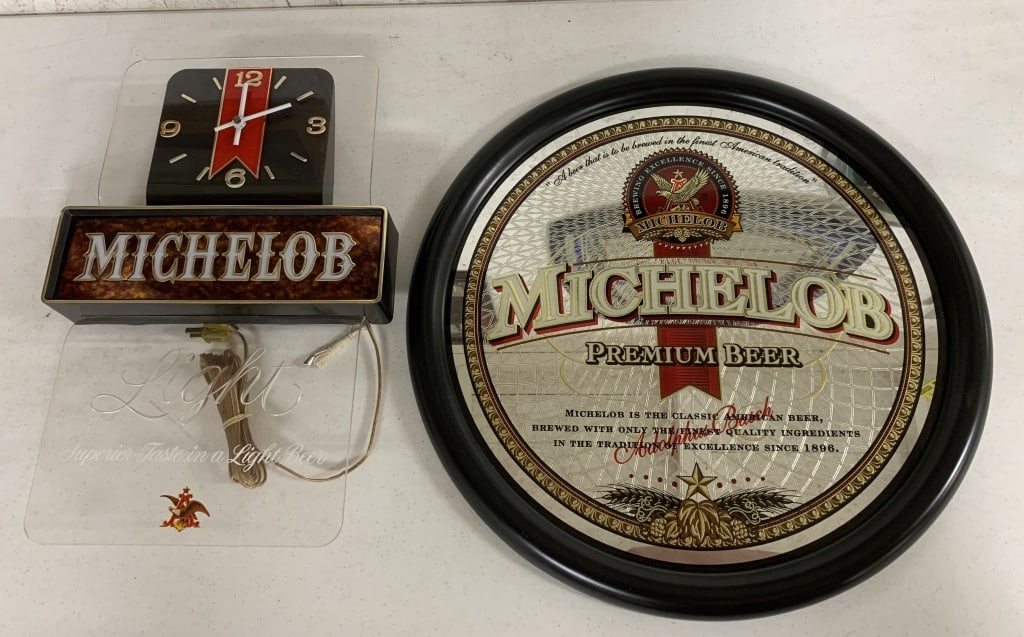 Michelob clock and mirrored art: clock untested; light wear