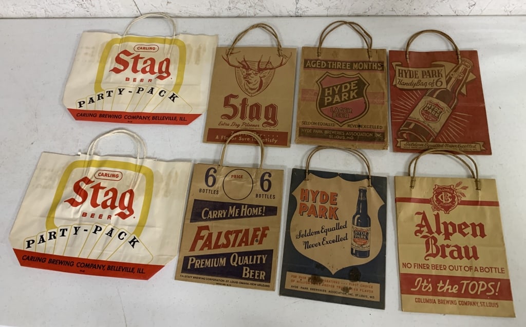 8 beer advertising paper bags: have wear with some stains and damage as shown