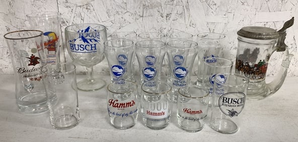 lot of beer advertising glassware