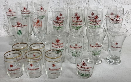lot of Michelob and Budweiser glassware