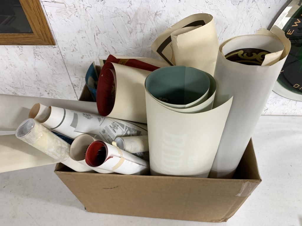 box of mostly beer posters: all show wear; some bends, tears, wrinkles, etc; see photos